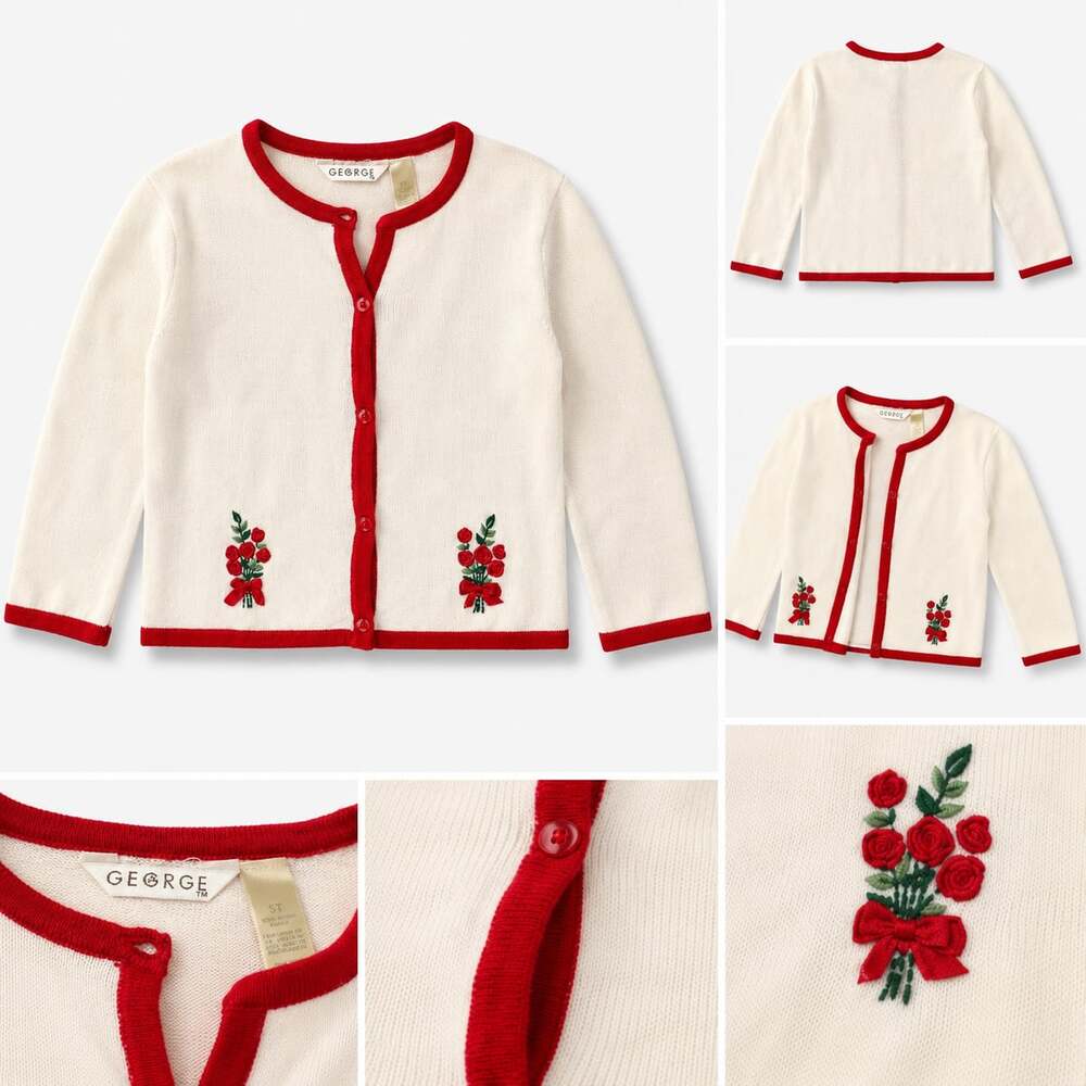 George Toddler Girls Cream Knit Cardigan with Red Floral Embroidery and Trim